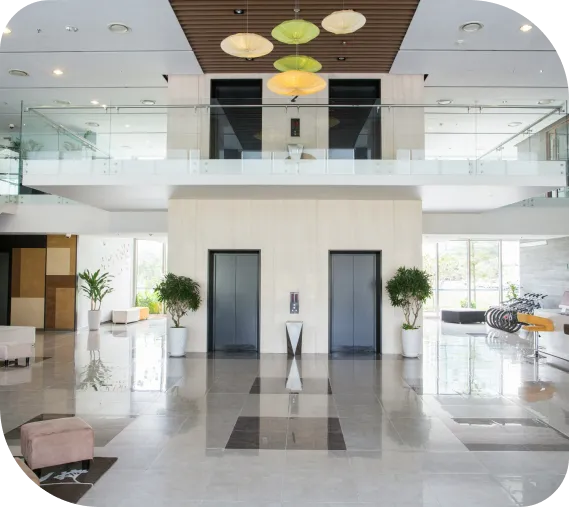 The bright, modern lobby of the clinic building